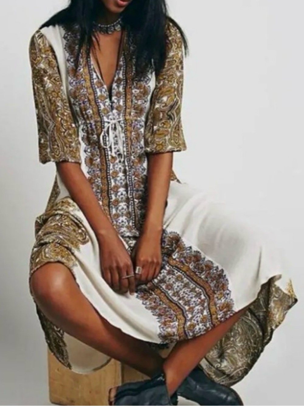 Free People Beige Tunic Dress with Purple and Brown Embroidery
